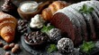 © Ahmad-Muslimin - Cake croissants cream chocolate and nuts arranged on a dark surface.