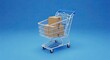 © Bilal Ulker - Shopping Cart of Delivery Boxes: A shopping cart filled with brown delivery boxes. The cart is against a simple blue background.