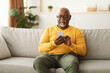 © Prostock-studio - A man with glasses sits comfortably on a gray sofa, focused on his smartphone. The sunlit living room has plants and soft furnishings, creating a warm atmosphere.