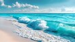 © sungedi - Turquoise ocean waves crash onto a pristine white sand shore under a bright blue sky.