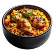 © Elsha - Uruguayan arroz con pollo a hearty chicken and rice casserole with vegetables presented in a baking dish isolated on white background