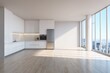 © Imnot99 - Modern kitchen with city view and sunlight streams through large windows.