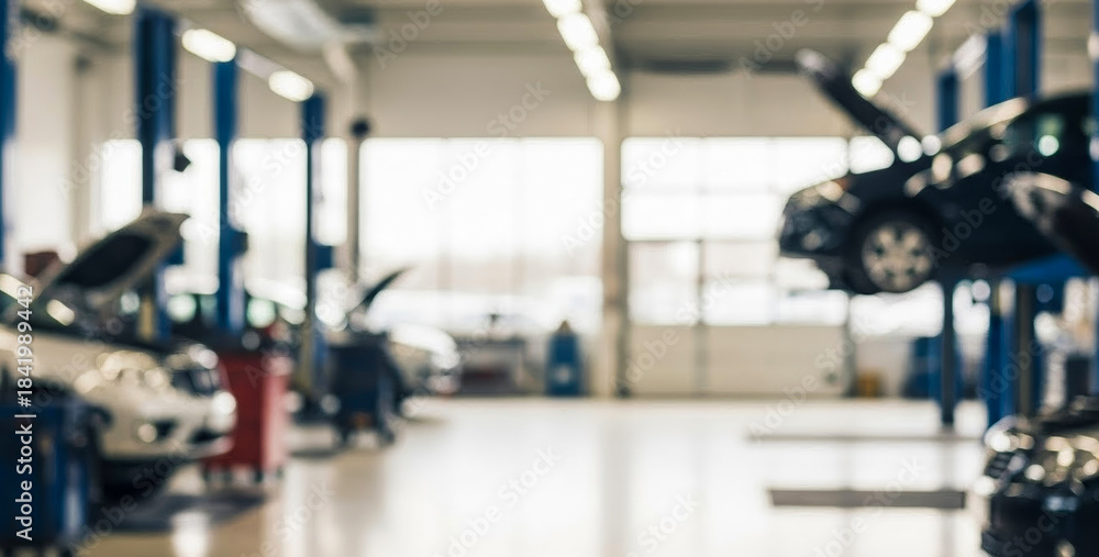 Blurred view inside a vehicle repair shop with cars on lifts, capturing ...
