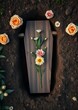 © Pixel Diversity - A young blonde caucasian woman says goodbye to a dead man in a church a coffin flowers and a grieving relative are nearby vertical photo funeral flowers grief death flower loss ceremony floral sadness