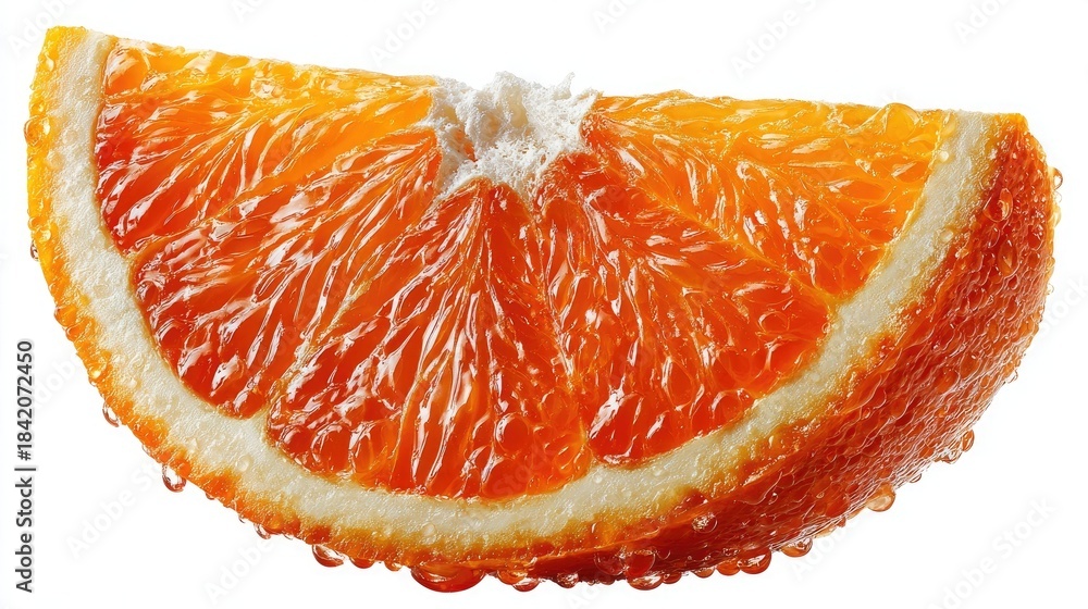 Juicy pulp is visible on a single orange slice that is separated from ...