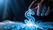 © Shipna - Glowing blue dollar sign being touched by a hand on a digital circuit board background with futuristic lighting effects