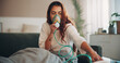 © peopleimages.com - Asthma, couch and woman with nebulizer mask to inhale medicine, respiratory disease and health support. Chronic condition breathe recovery and person with medical machine for lungs, wellness and home