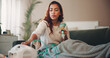 © peopleimages.com - Asthma, couch and woman with nebulizer machine to inhale medicine, respiratory disease and health support. Chronic condition breathe recovery and person with medical mask for lungs, wellness and home