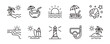 © elmantastic - Summer tropical beach vacation icon line set. Coastal sunset ocean wave, dive mask, surf board, chair, palm trees, light house, mediterranean sea signs outline vector illustration