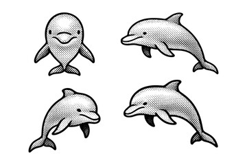  Retro style dolphin set featuring four halftone designs