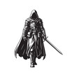 © Journey - Epic fantasy warrior in a hood and armor, holding a sword. Mysterious medieval knight or assassin character silhouette, black and white vector illustration.