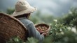 © CYBERPINK - Person wearing a straw hat and carrying a basket of strawberries. the person is standing in a field of green plants with white flowers.