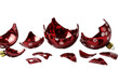 © Soo - Highly detailed macro photo of sharp, jagged fragments of a crimson polka dot glass bauble on a stark white studio background with copy space and hard shadows. Concept of broken expectations
