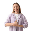 © Pixel-Shot - Young woman using sign language on white background