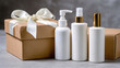 © BONI - Set de botellas cosméticas blancas con caja de cartón y lazo, presentación elegante de productos de cuidado personal