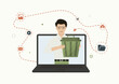 © Megane Ad - Man doing digital cleanup on laptop. Flat digital cleanup concept with man holding trash bin and file icons connected by dashed line, ideal for tutorials or tech campaigns. Vector illustration