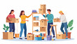 © Penguin Daily - Smiling people working together to move and organize boxes in a new home. Relocation, packing, and unpacking belongings for a fresh start