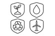 © Artstock - Four environmental sustainability shields showing nature, water, recycling, and wind power symbols