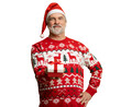 © opolja - Merry mature man wear red warm knitted sweater Santa hat posing hold present box with gift ribbon bow isolated on transparent background New Year 2026 holiday concept