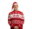 © opolja - Merry satisfied smiling mature man wear knitted christmas sweater Santa hat posing on isolated transparent background. Happy New Year 2026 celebration holiday concept