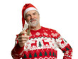 © opolja - Merry mature man wear knitted christmas sweater Santa hat posing, hold glass with champagne look camera isolated on transparent background. Happy New Year 2026 Christmas celebration holiday concept
