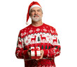 © opolja - Merry mature man wear red warm knitted sweater Santa hat posing hold present box with gift ribbon bow isolated on transparent background New Year 2026 holiday concept