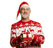 © opolja - Merry mature man wear red warm knitted sweater Santa hat posing hold present box with gift ribbon bow isolated on transparent background New Year 2026 holiday concept
