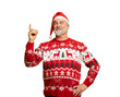 © opolja - Merry mature man wear knitted christmas sweater Santa hat presenting something on transparent background. New year shopping idea concept. New Year 2026 Christmas