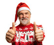 © opolja - Merry satisfied smiling mature man wear knitted christmas sweater Santa hat posing showing thumb up like gesture wink isolated on transparent background Happy New Year 2026 celebration holiday concept
