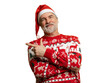 © opolja - Merry mature man wear knitted christmas sweater Santa hat presenting something on transparent background. New year shopping idea concept. New Year 2026 Christmas