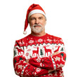 © opolja - Merry satisfied smiling mature man wear knitted christmas sweater Santa hat posing on isolated transparent background. Happy New Year 2026 celebration holiday concept