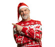 © opolja - Merry mature man wear knitted christmas sweater Santa hat presenting something on transparent background. New year shopping idea concept. New Year 2026 Christmas