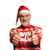 © opolja - Merry satisfied smiling mature man wear knitted christmas sweater Santa hat posing showing thumb up like gesture wink isolated on transparent background Happy New Year 2026 celebration holiday concept