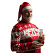© opolja - Merry mature man wear knitted christmas sweater Santa hat posing, hold glass with champagne look camera isolated on transparent background. Happy New Year 2026 Christmas celebration holiday concept