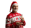 © opolja - Merry mature man wear knitted christmas sweater Santa hat posing, hold glass with champagne look camera isolated on transparent background. Happy New Year 2026 Christmas celebration holiday concept