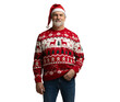 © opolja - Merry satisfied smiling mature man wear knitted christmas sweater Santa hat posing on isolated transparent background. Happy New Year 2026 celebration holiday concept