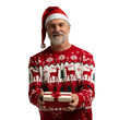 © opolja - Merry mature man wear red warm knitted sweater Santa hat holding present box isolated on transparent background New Year 2026 holiday concept