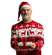 © opolja - Merry mature man wear red warm knitted sweater Santa hat holding present box isolated on transparent background New Year 2026 holiday concept