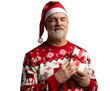 © opolja - Merry mature man wear red warm knitted sweater Santa hat holding present box isolated on transparent background New Year 2026 holiday concept