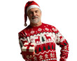 © opolja - Merry mature man wear red warm knitted sweater Santa hat holding present box isolated on transparent background New Year 2026 holiday concept