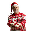 © opolja - Merry mature man wear red warm knitted sweater Santa hat holding present box isolated on transparent background New Year 2026 holiday concept