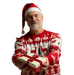 © opolja - Merry mature man wear red warm knitted sweater Santa hat holding present box isolated on transparent background New Year 2026 holiday concept