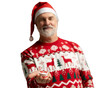 © opolja - Merry mature man wear red warm knitted sweater Santa hat holding present box isolated on transparent background New Year 2026 holiday concept