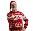 © opolja - Merry mature man wear red warm knitted sweater Santa hat holding present box isolated on transparent background New Year 2026 holiday concept