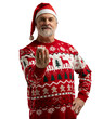© opolja - Merry mature man wear red warm knitted sweater Santa hat holding present box isolated on transparent background New Year 2026 holiday concept