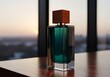 © Turzo Khan - A luxurious glass perfume bottle with a wooden cap stands on a wooden table at sunset
