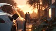 © Arifah - Electric vehicle charging at sunset, couple silhouetted near a home