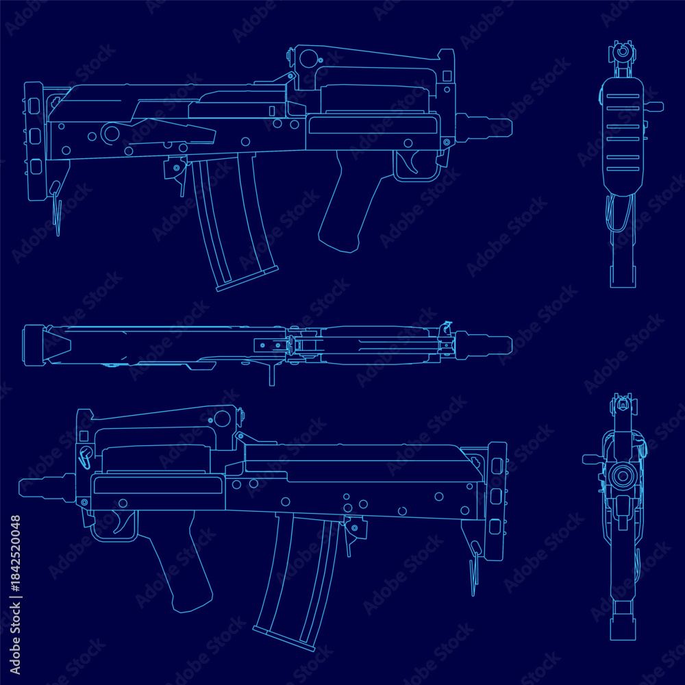 Detailed blueprint of an submachine gun on a blue background, featuring ...