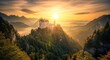 © ida - Majestic Castle Perched on Mountain Peak at Sunrise.