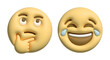 © TAMIM - Two 3d rendered yellow emojis depicting thinking and crying with laughter expressions on a white background